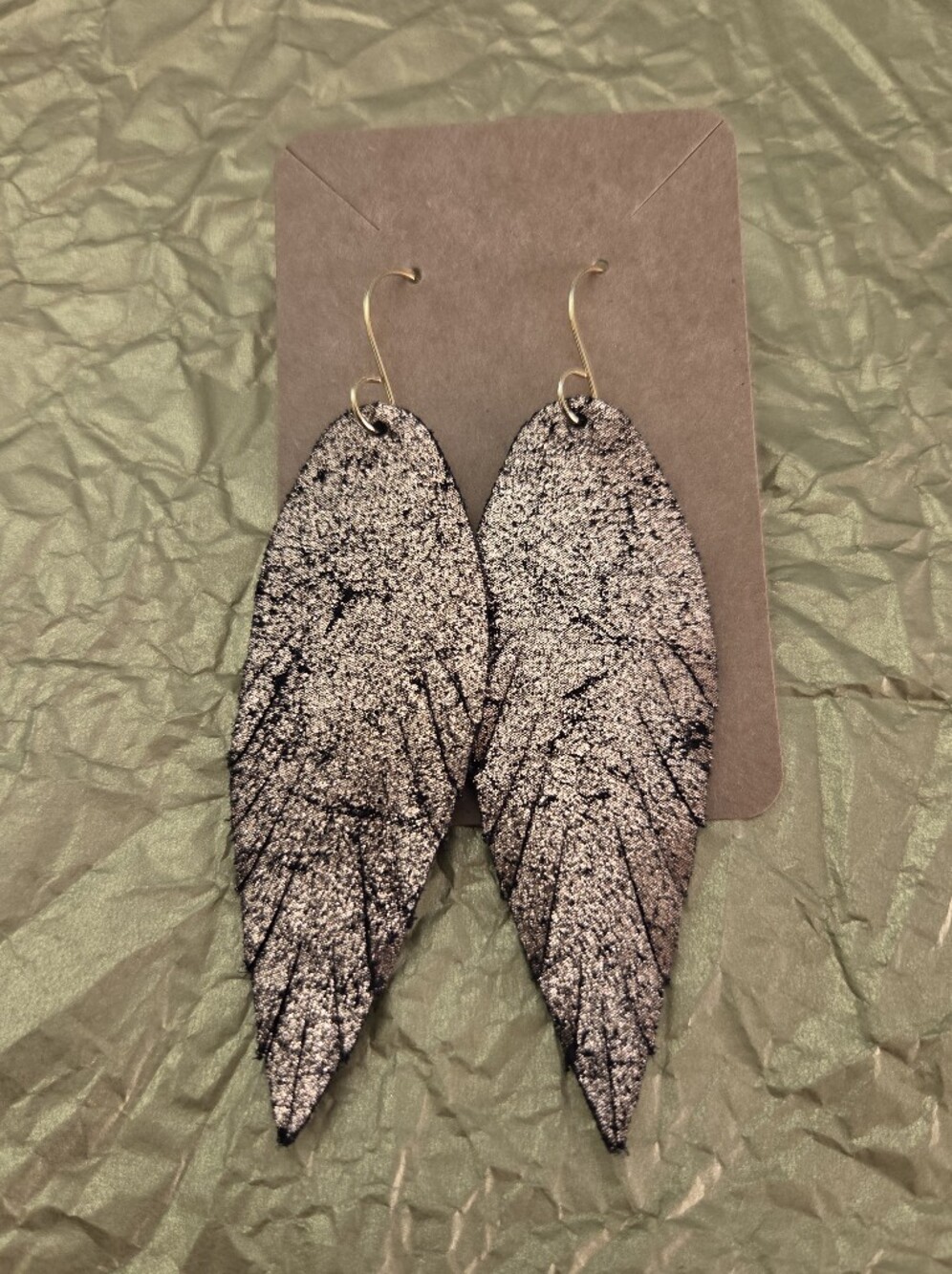 Sparkling Leaf Drop Earrings in Rose Tone and Black Veining